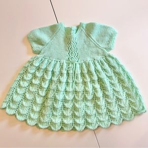 Handmade Pointelle Knit  Light Green Baby Girl Scalloped Dress Sz 12m